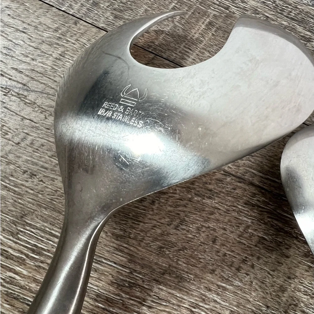 Reed & Barton Viking wood handle Salad Serving MCM mid century Stainless hostess